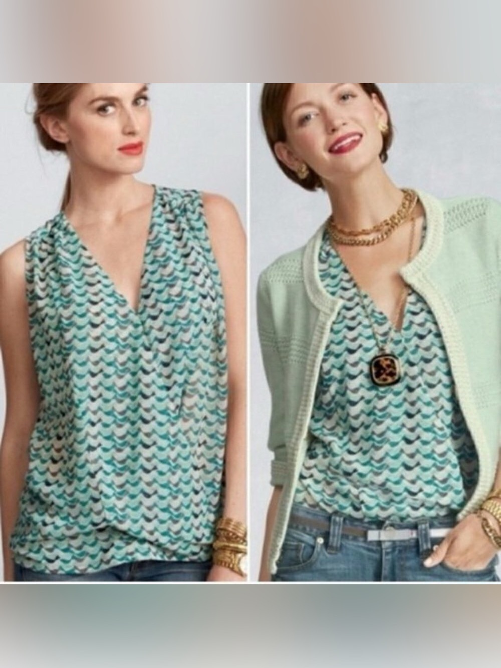 CAbi Tweet Bird Faux Wrap Sleeveless Blouse Medium Teal Bird Print Lightweight